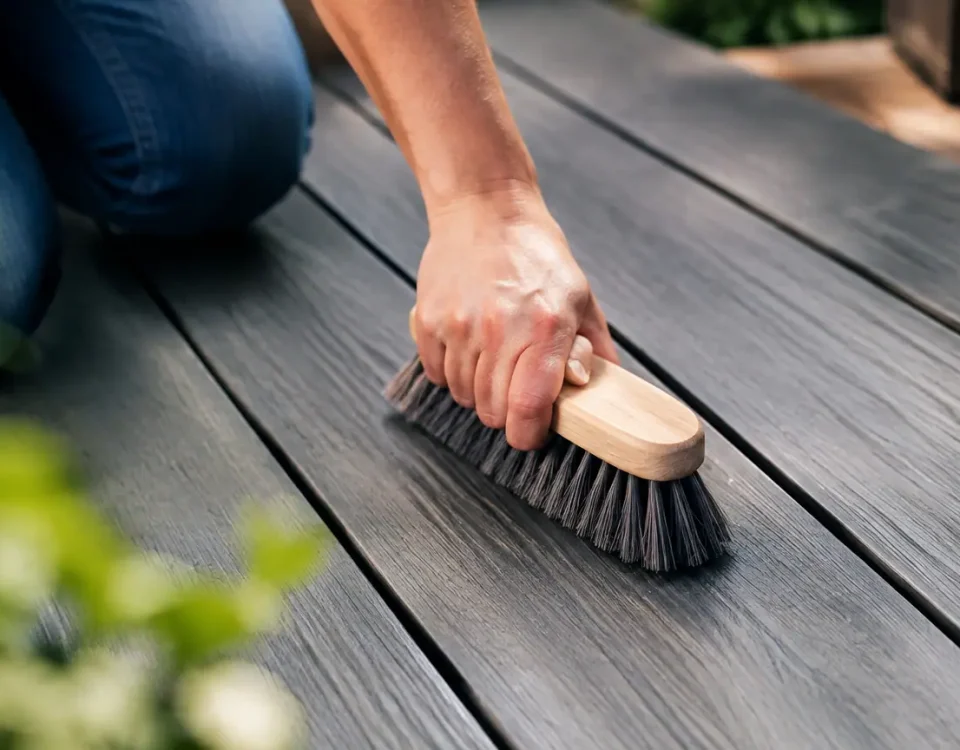 Main frottant doucement des lattes grises avec brosse souple