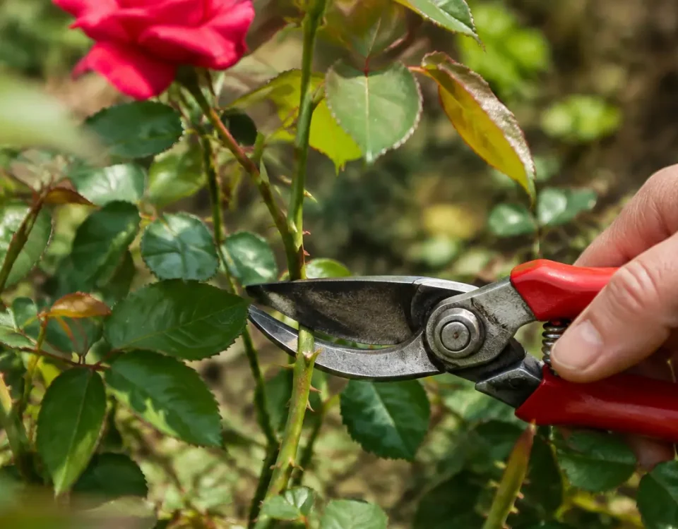 Main taillant une branche de rosier avec un secateur