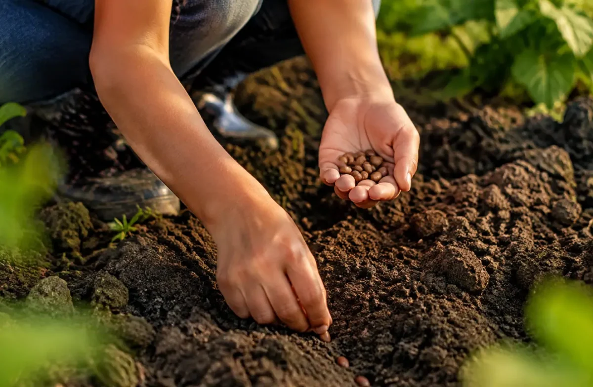 Petites mains accroupies enfoncent graines brunes dans terre meuble