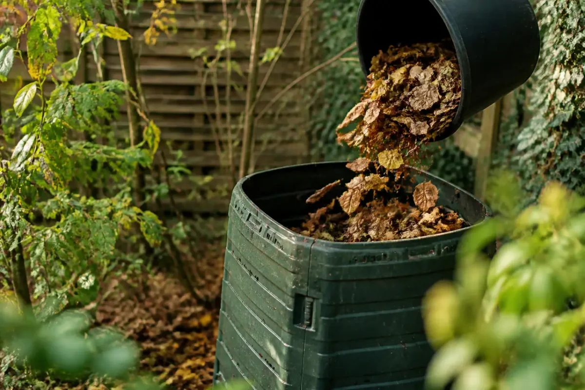 Mains deposant des feuilles mortes dans un composteur vert