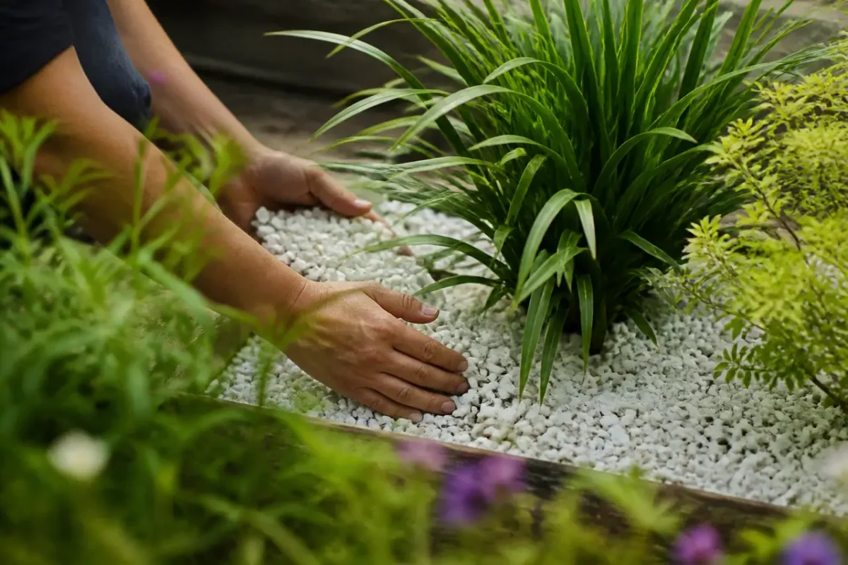 Mains etalant gravier blanc autour de la plante verte