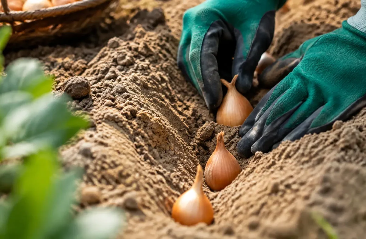 Mains gantees posant oignons ovales dans terre sableuse