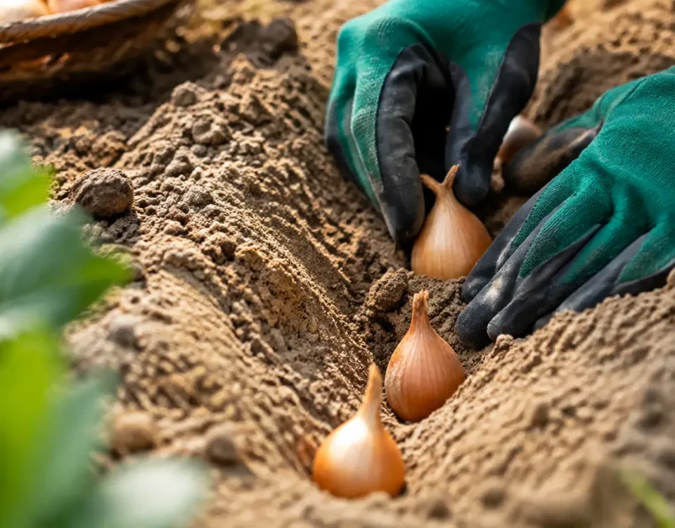 Mains gantees posant oignons ovales dans terre sableuse