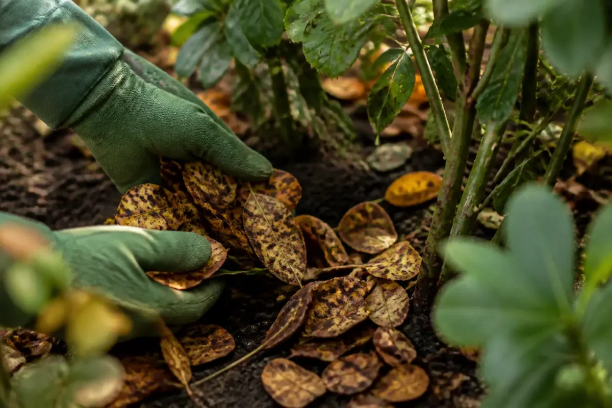 Mains gantees ramassant feuilles tachees au pied du rosier