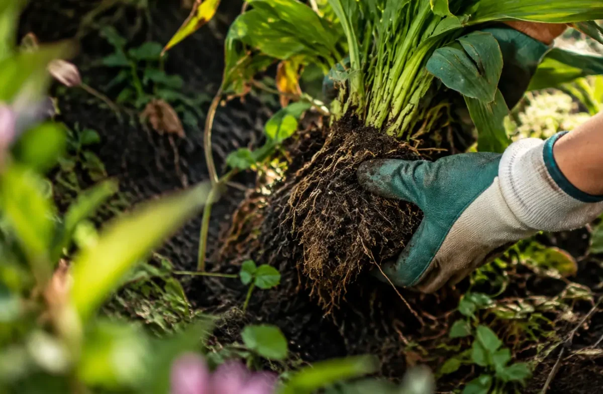 Mains gantees soulevant une touffe de vivaces au sol