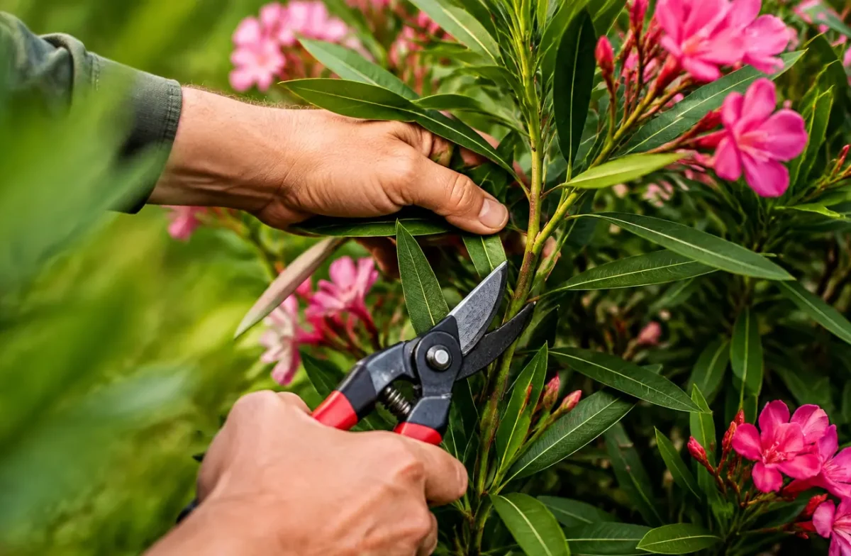 Mains de jardinier taillant un laurier-rose avec un secateur