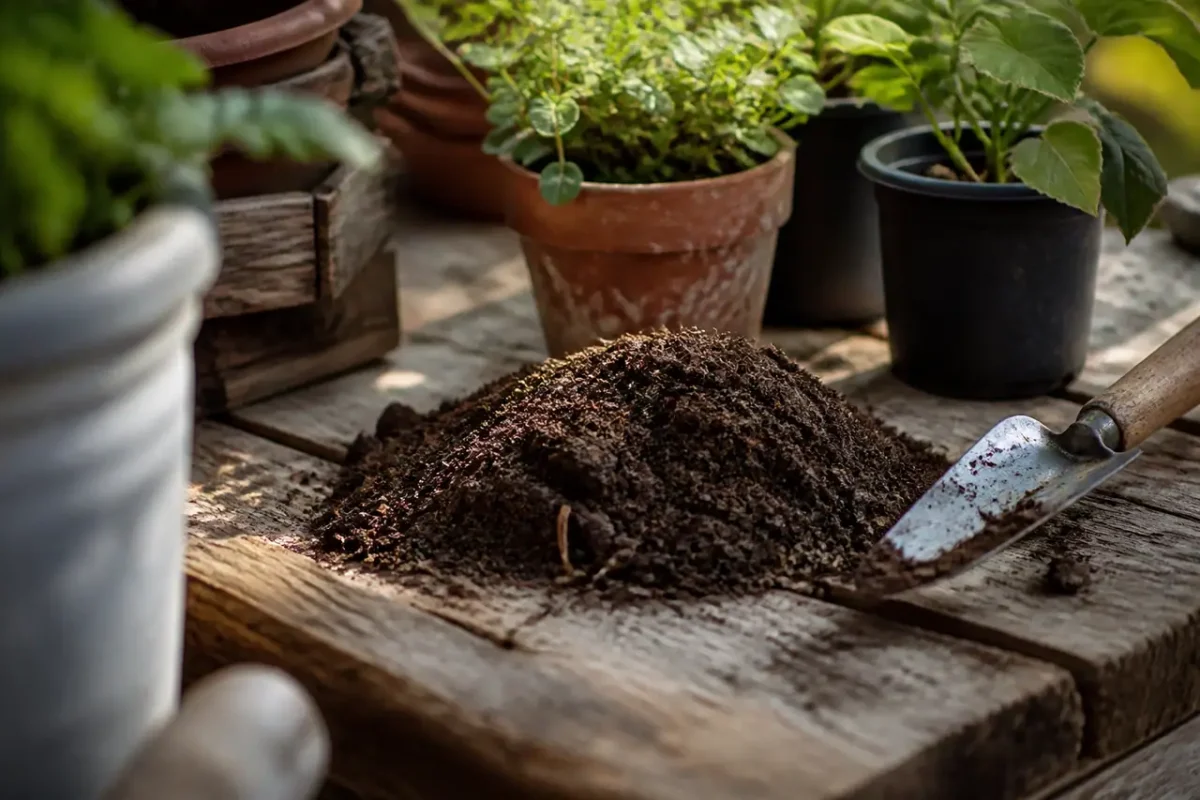 Mains de jardinier tenant une terre friable sur planche