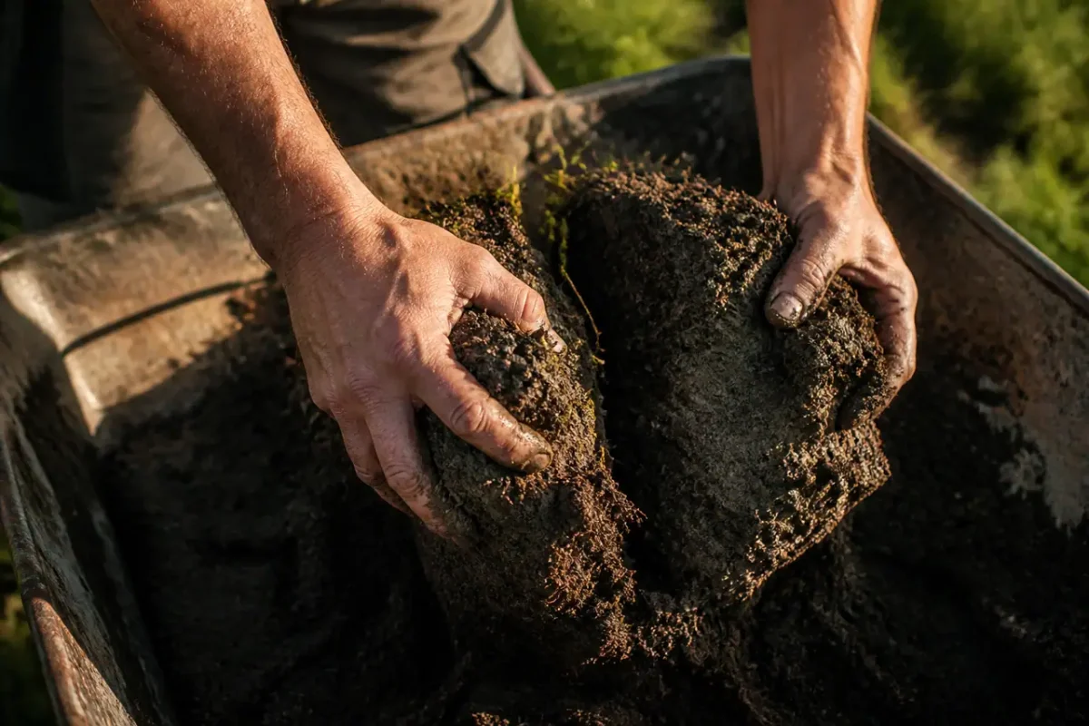 Mains ouvrant une motte de terre humide sur brouette
