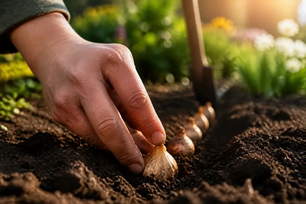 Mains plantant des bulbes de narcisses dans la terre