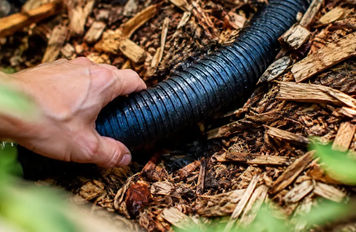 Mains posant un flexible humide entre copeaux de bois