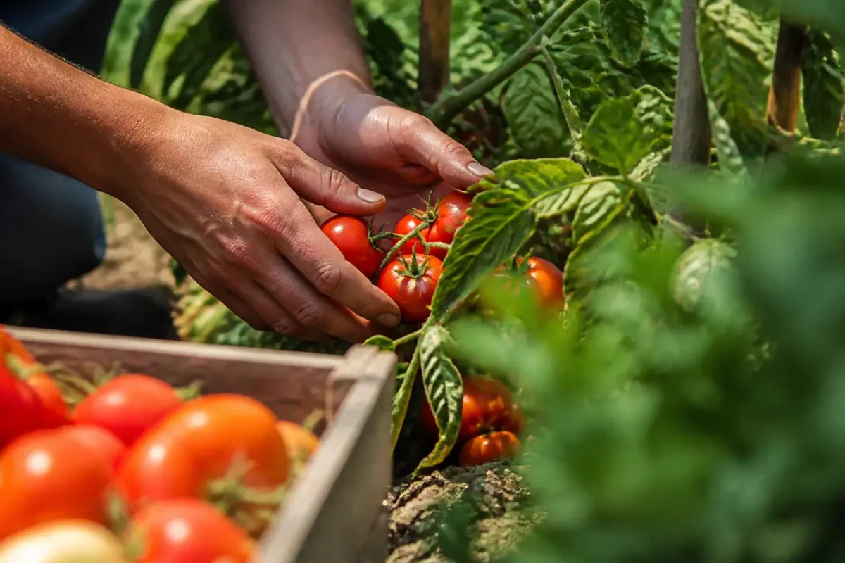Mains recoltant des tomates dans un carre de legumes