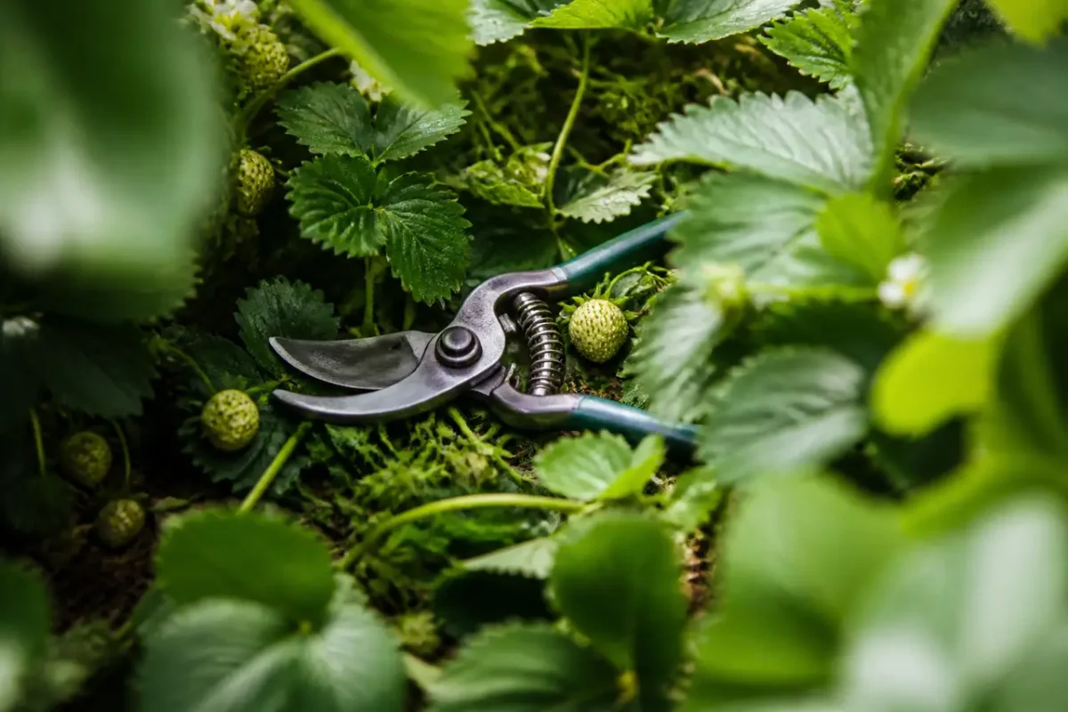 Mains tenant un secateur parmi des fraisiers verts