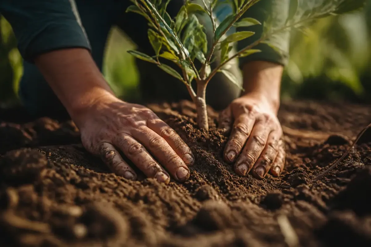 Mains tassant la terre brune autour du jeune arbre
