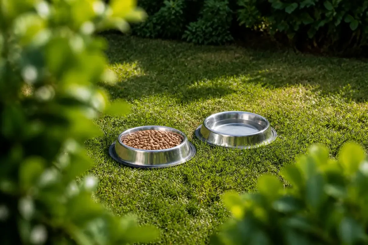 Mangeoire et abreuvoir propres poses sur herbe verte