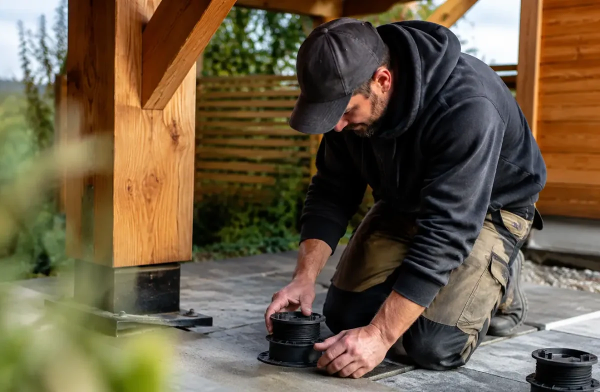 Menuisier agenouille pose des plots sous abri bois