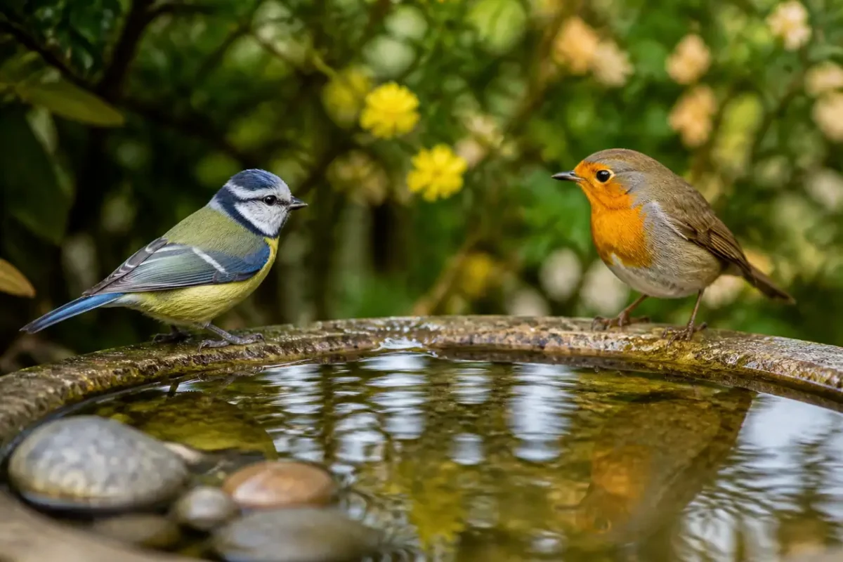 Mesange et rouge-gorge perches pres d'un bain d'eau