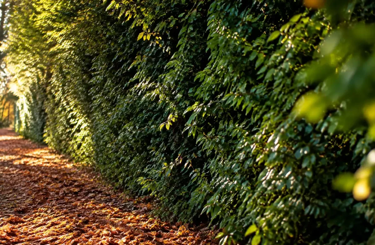 Muraille verte dense, tapis brun de feuillage au pied