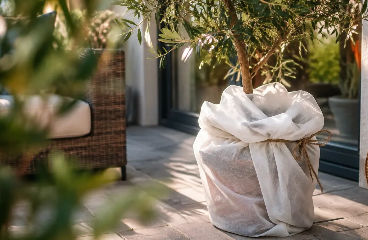 Olivier en pot sur terrasse, enveloppe de voile blanc