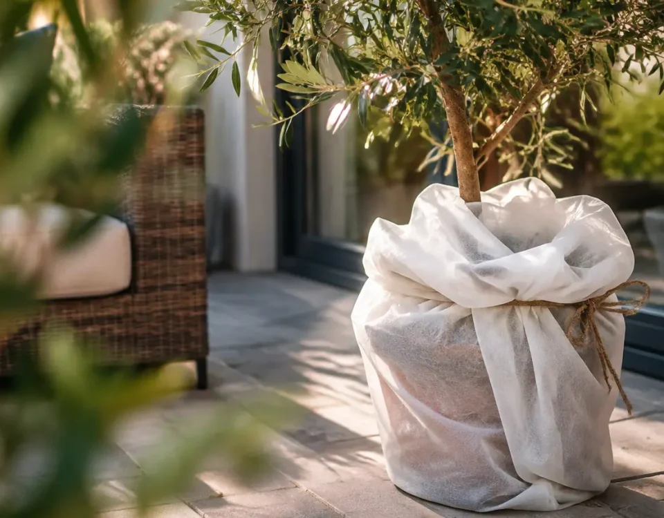 Olivier en pot sur terrasse, enveloppe de voile blanc