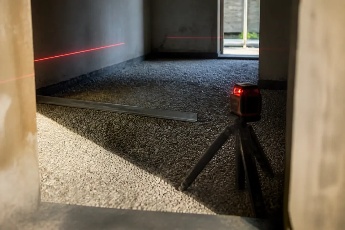 Ouvrier nivelant du gravier avec un niveau laser