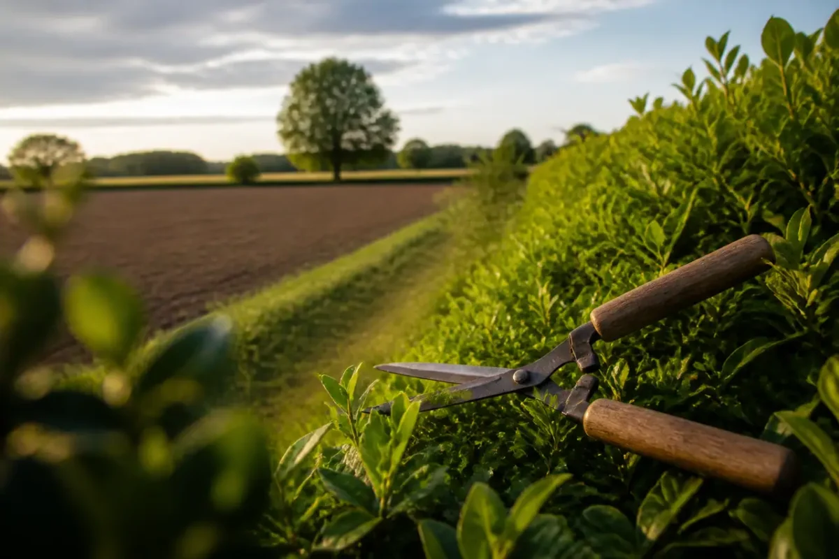 Ouvrier avec secateur taillant une haie verte pres champ
