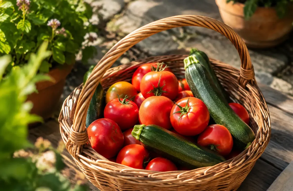 Panier en osier rempli de tomates et courgettes