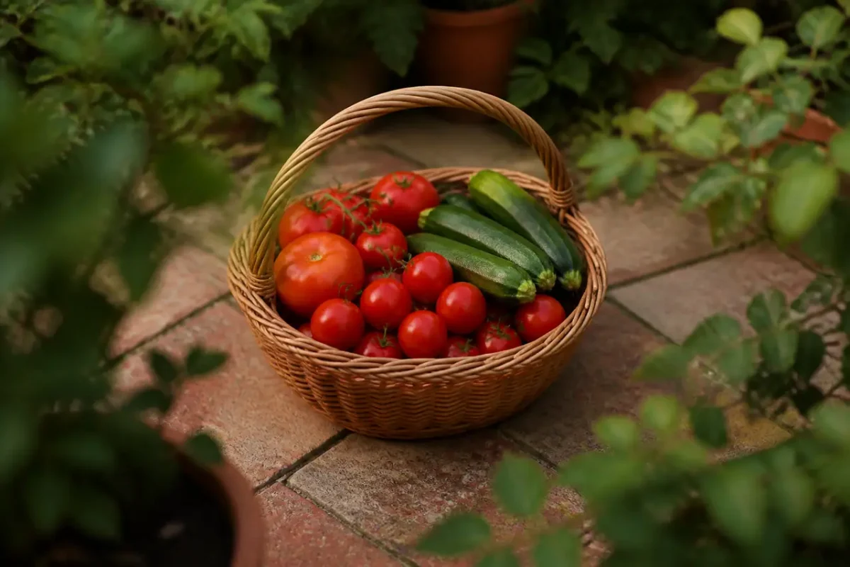 Panier en osier rempli de tomates rouges et courgettes