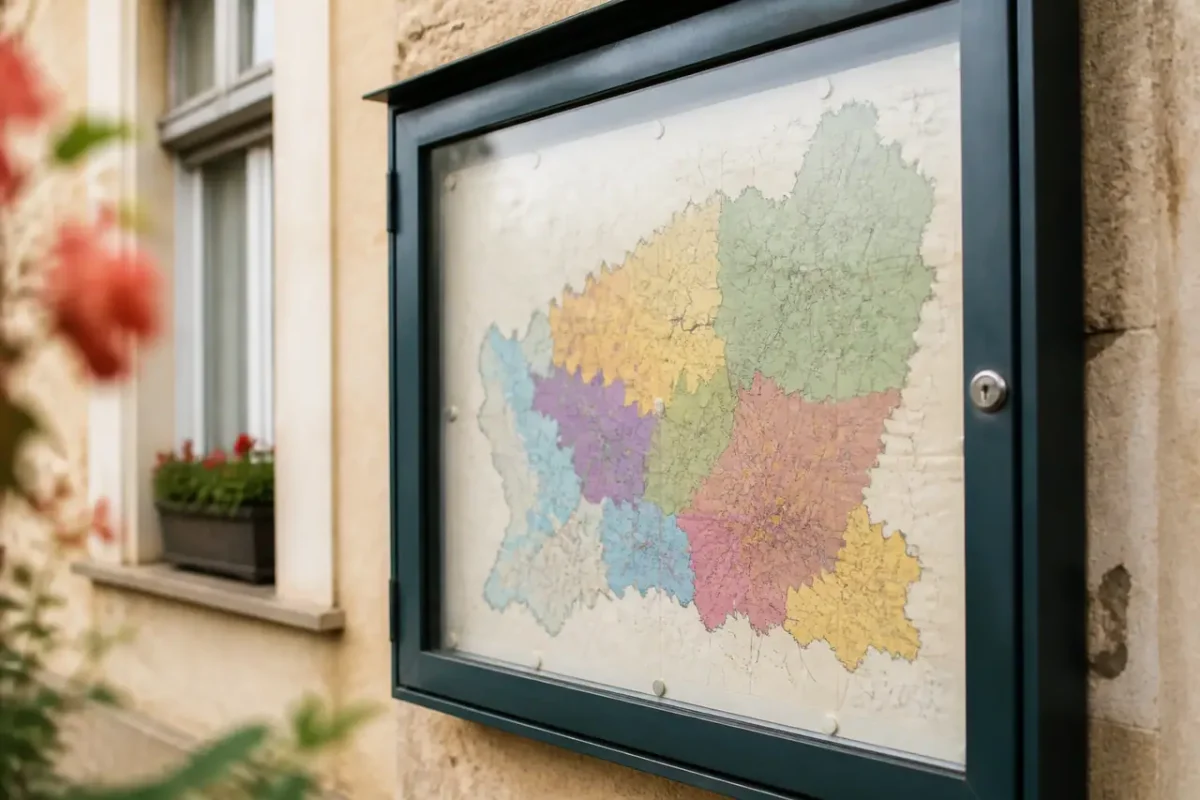 Panneau de mairie montrant une carte aux zones colorees