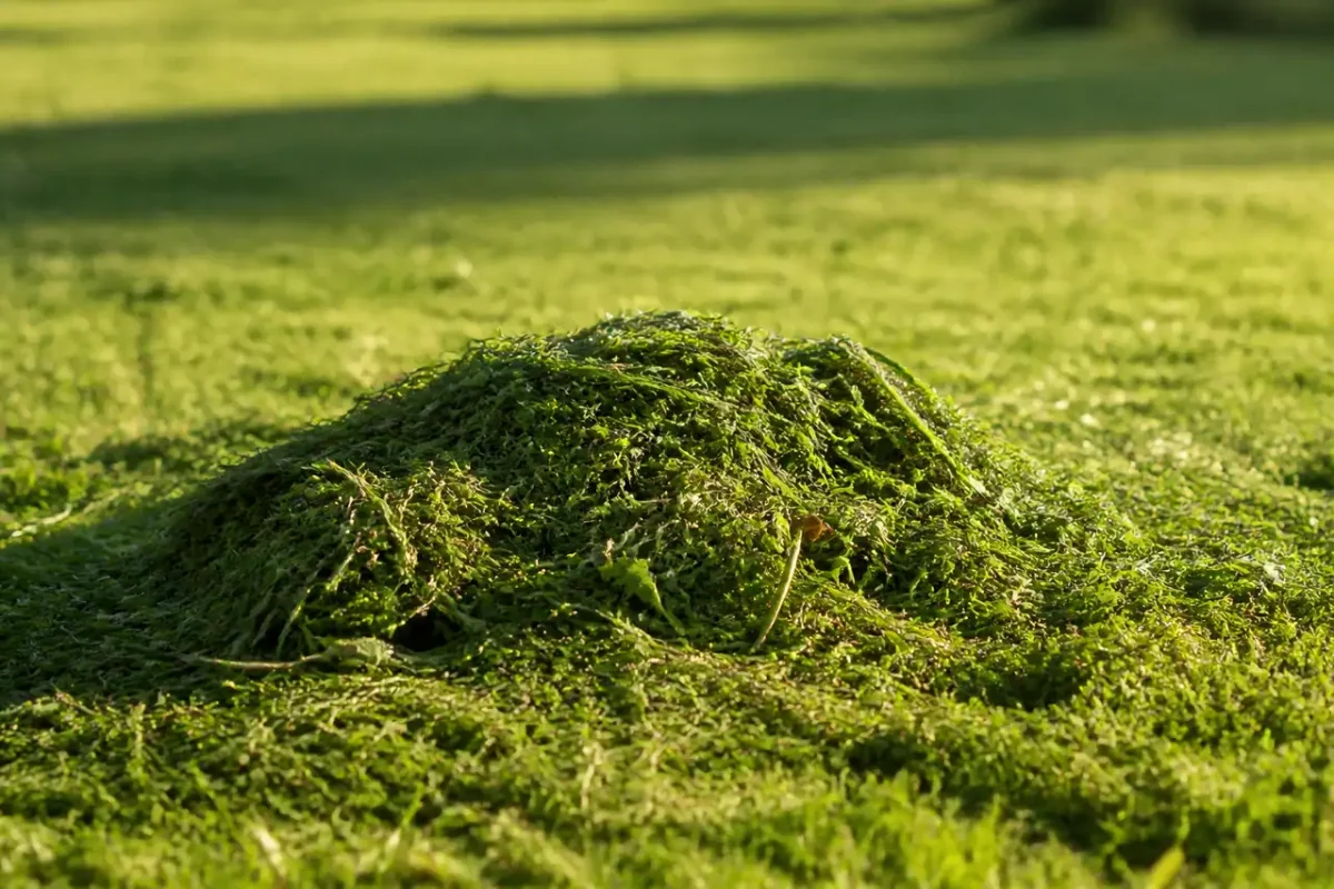 Pelouse rase, herbes coupees laissees en tas sur place