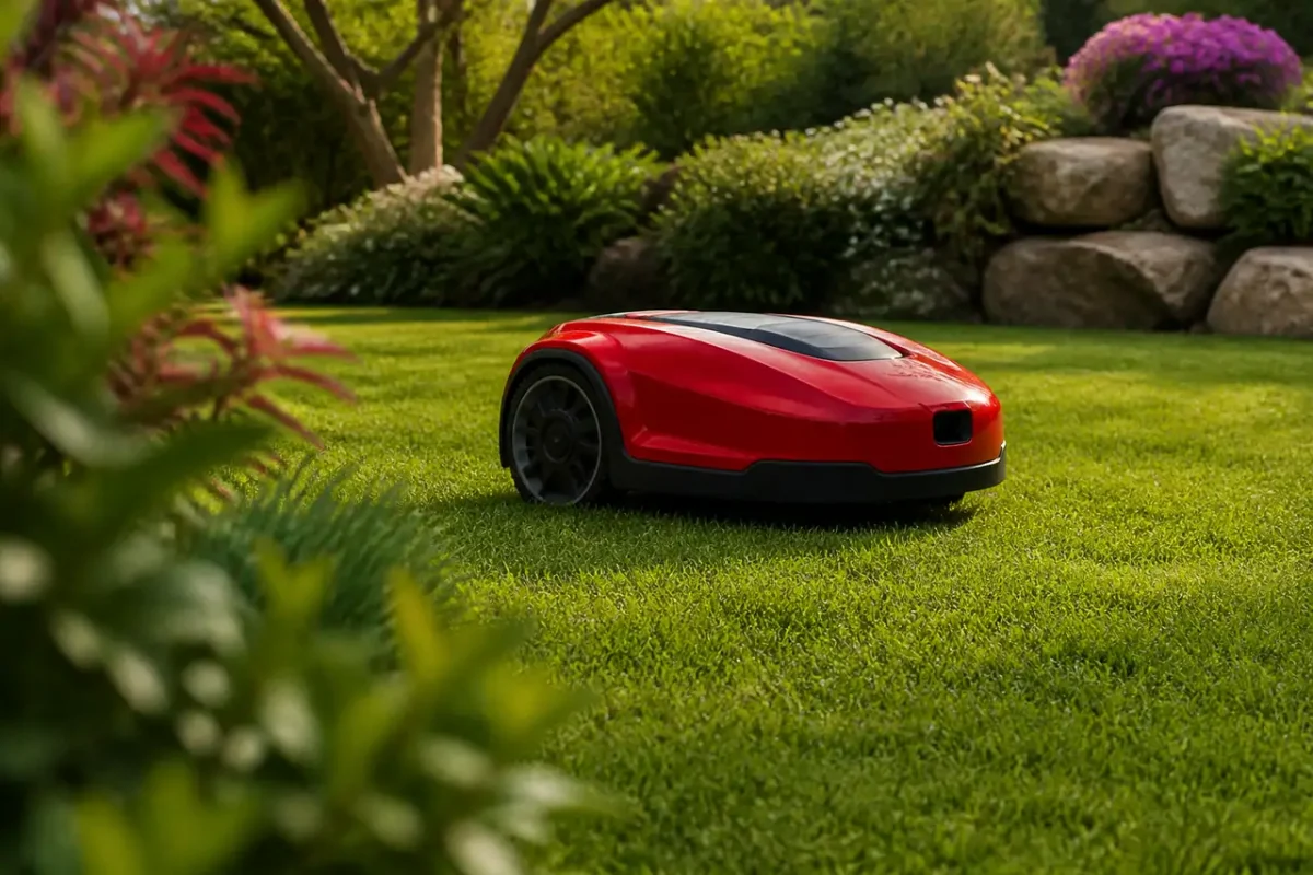 Jardin avec pelouse verte et appareil electrique rouge