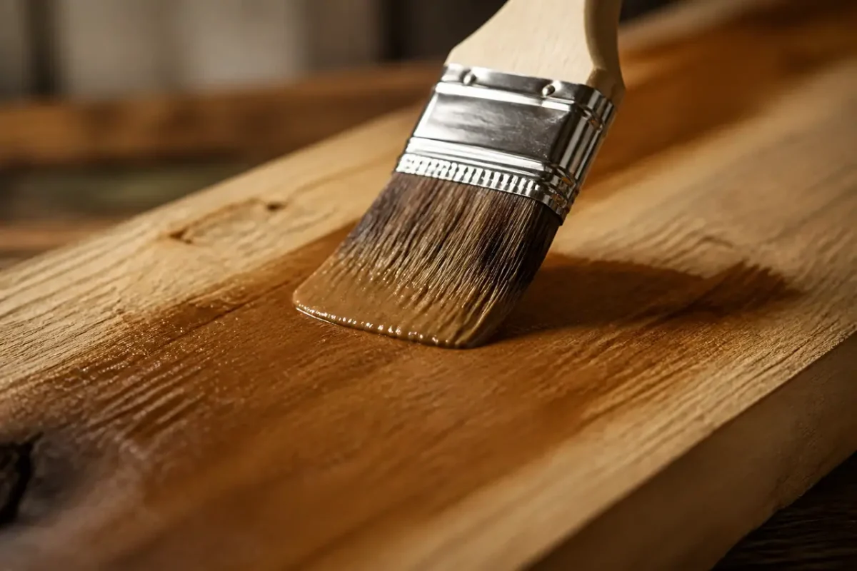 Pinceau plat charge sur une planche de bois brut