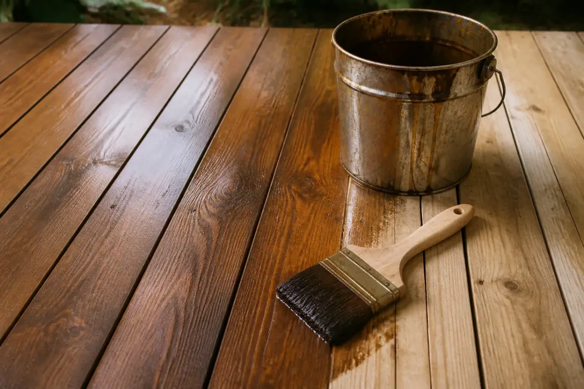 Planches de bois nu avec pinceau et seau