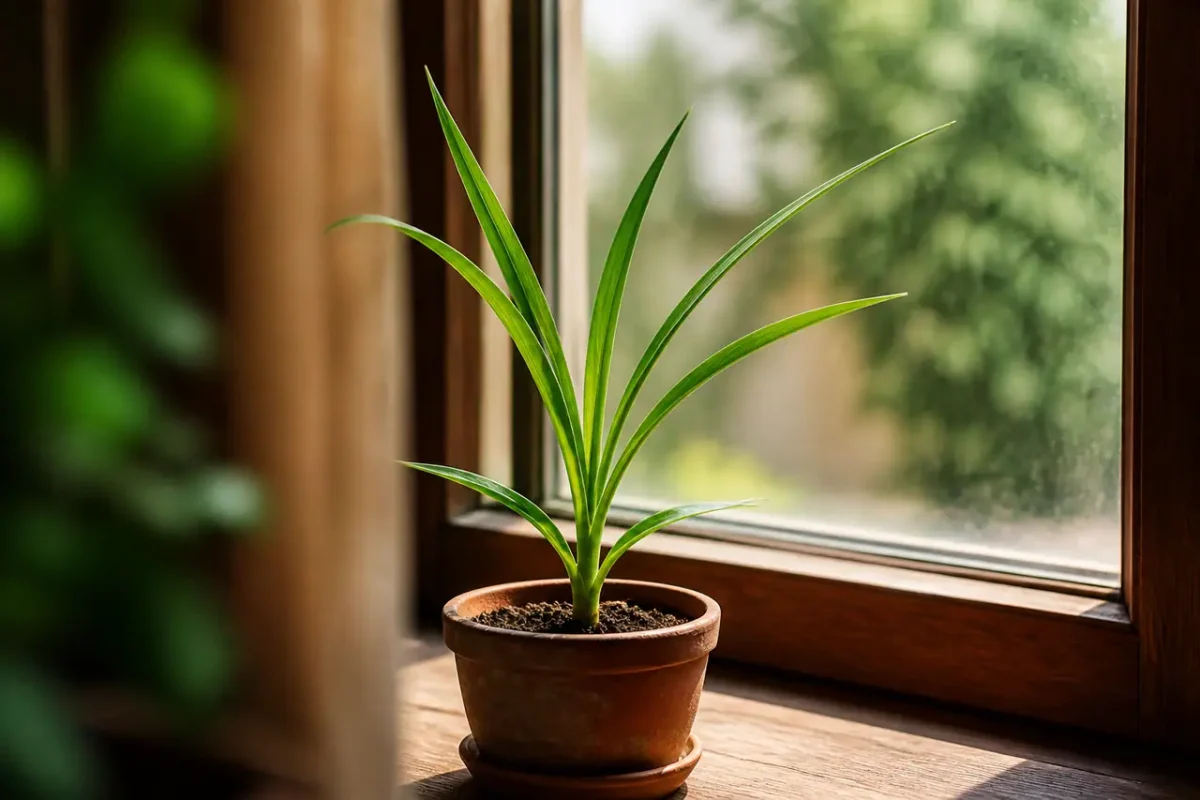 Jeune plant vert aux longues feuilles en pot