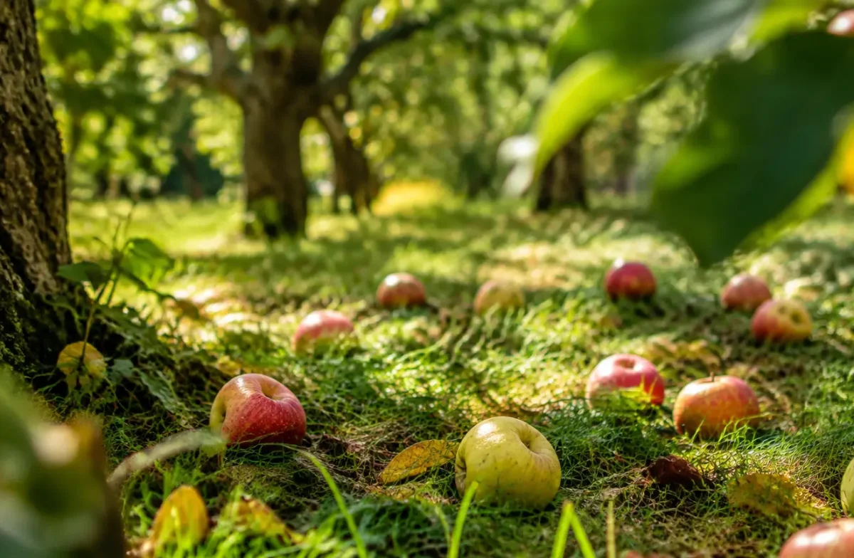 Pommes tombees au sol entre les arbres du verger