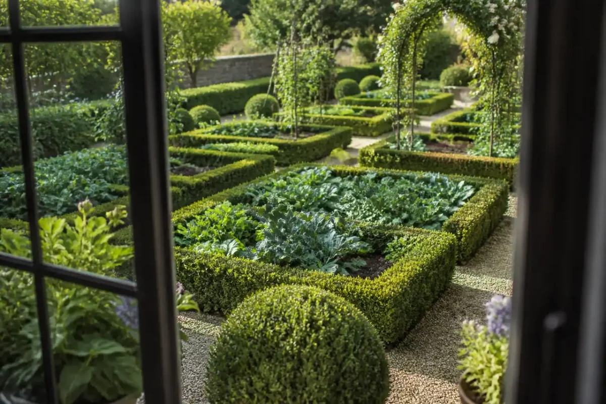 Potager ordonné avec allées de graviers et buis taillés