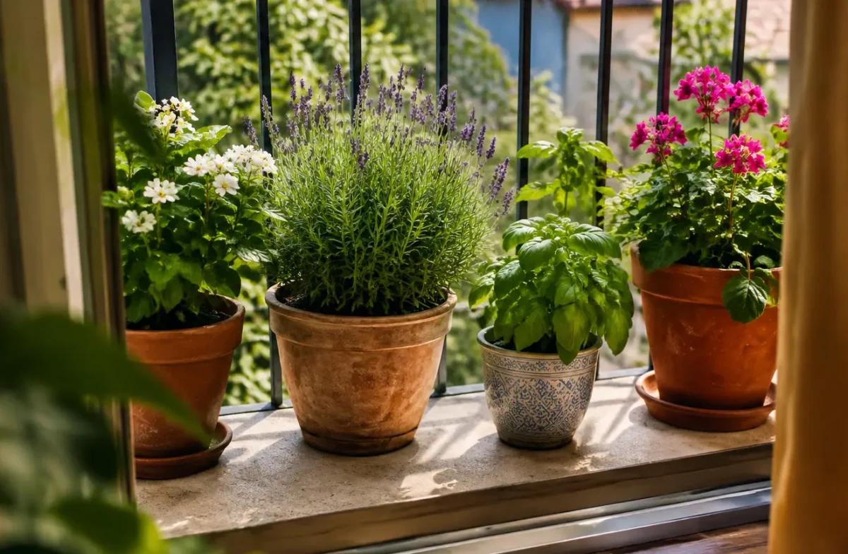 Pots de plantes alignes sur le seuil d'un balcon