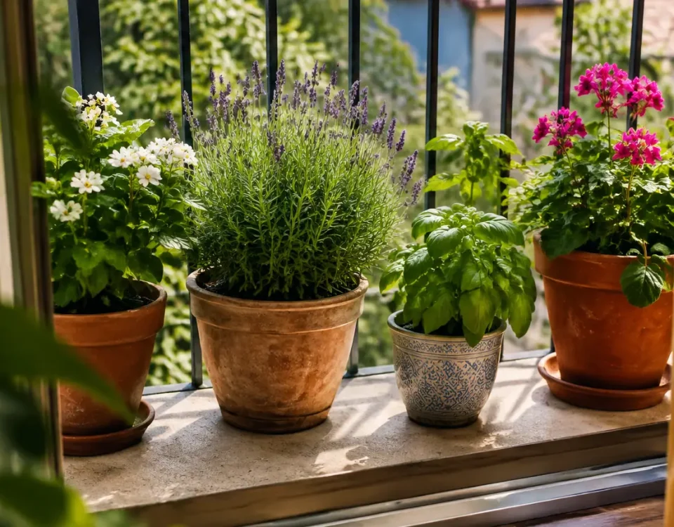 Pots de plantes alignes sur le seuil d'un balcon