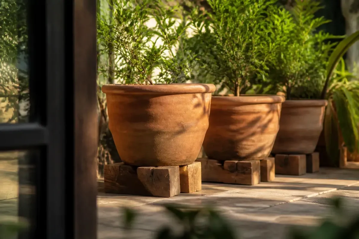 Pots en terre cuite sur cales de bois