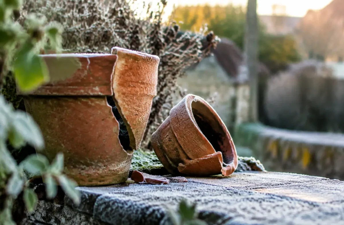 Pots en terre cuite fendus sur un muret givre