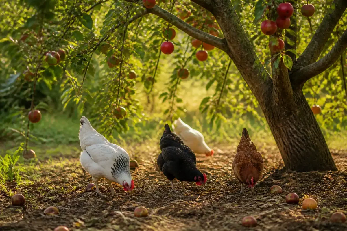 Poules grattant la litiere au pied des pommiers