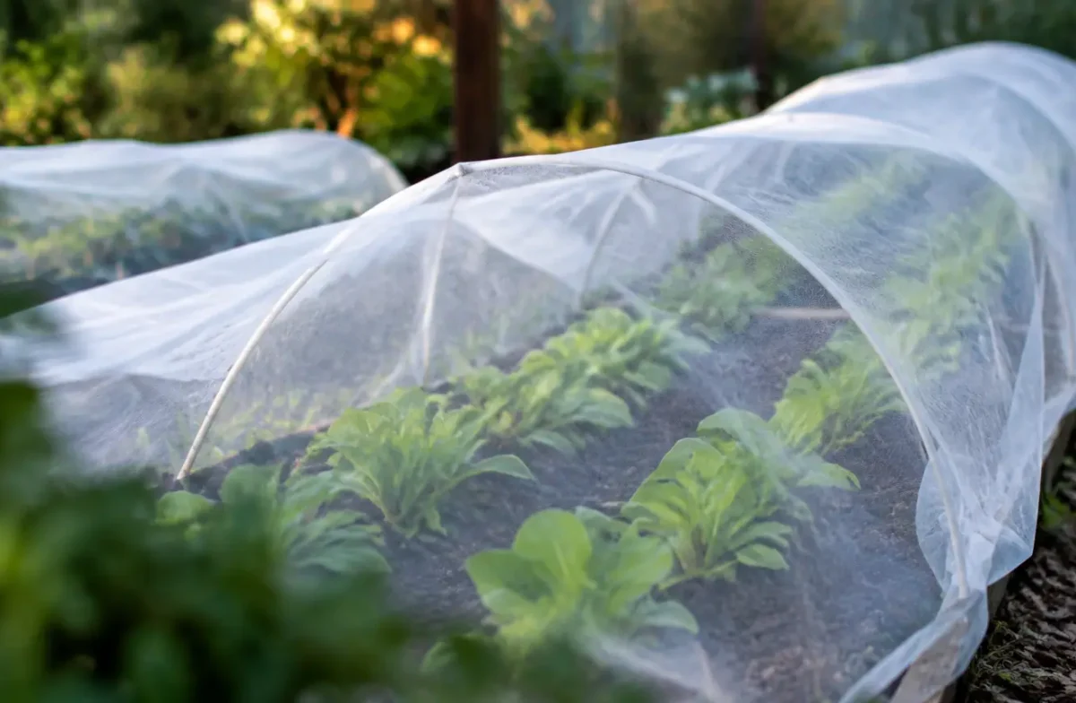 Rangs de plants verts sous un voile blanc tendu