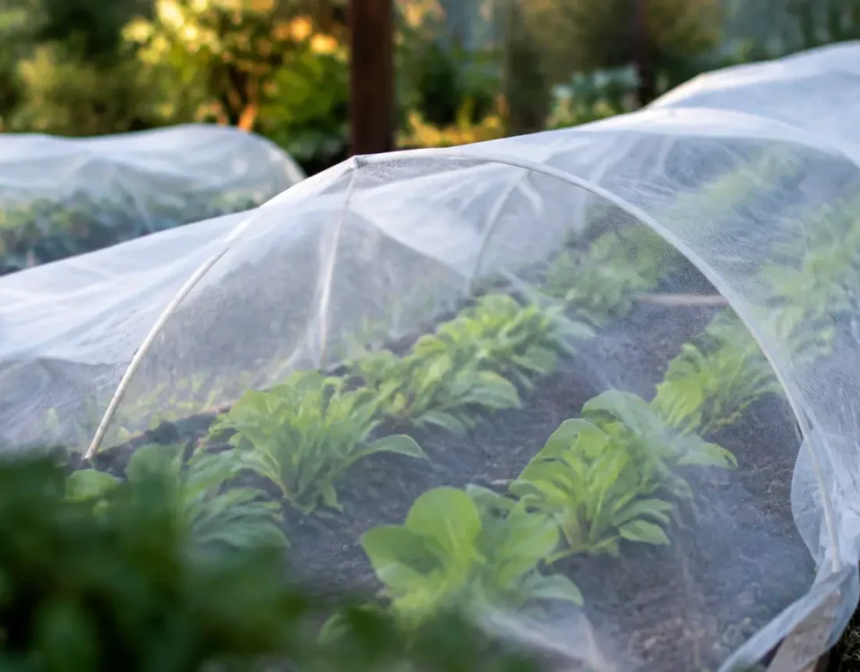 Rangs de plants verts sous un voile blanc tendu