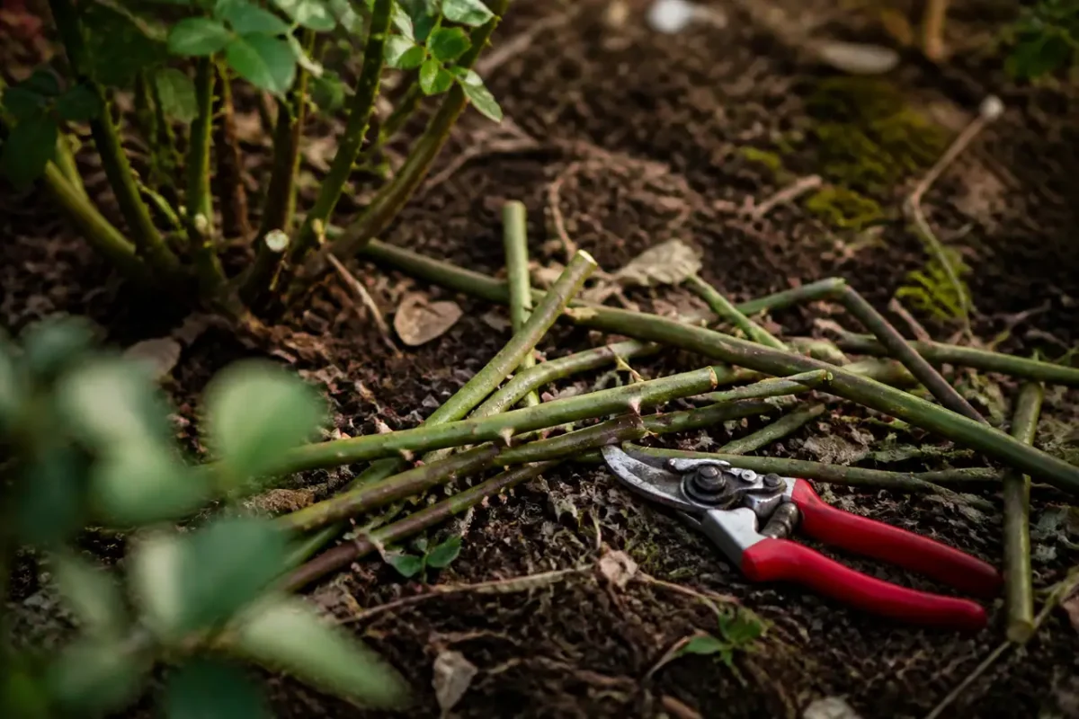 Rosier elague, branches coupees au sol pres dun secateur
