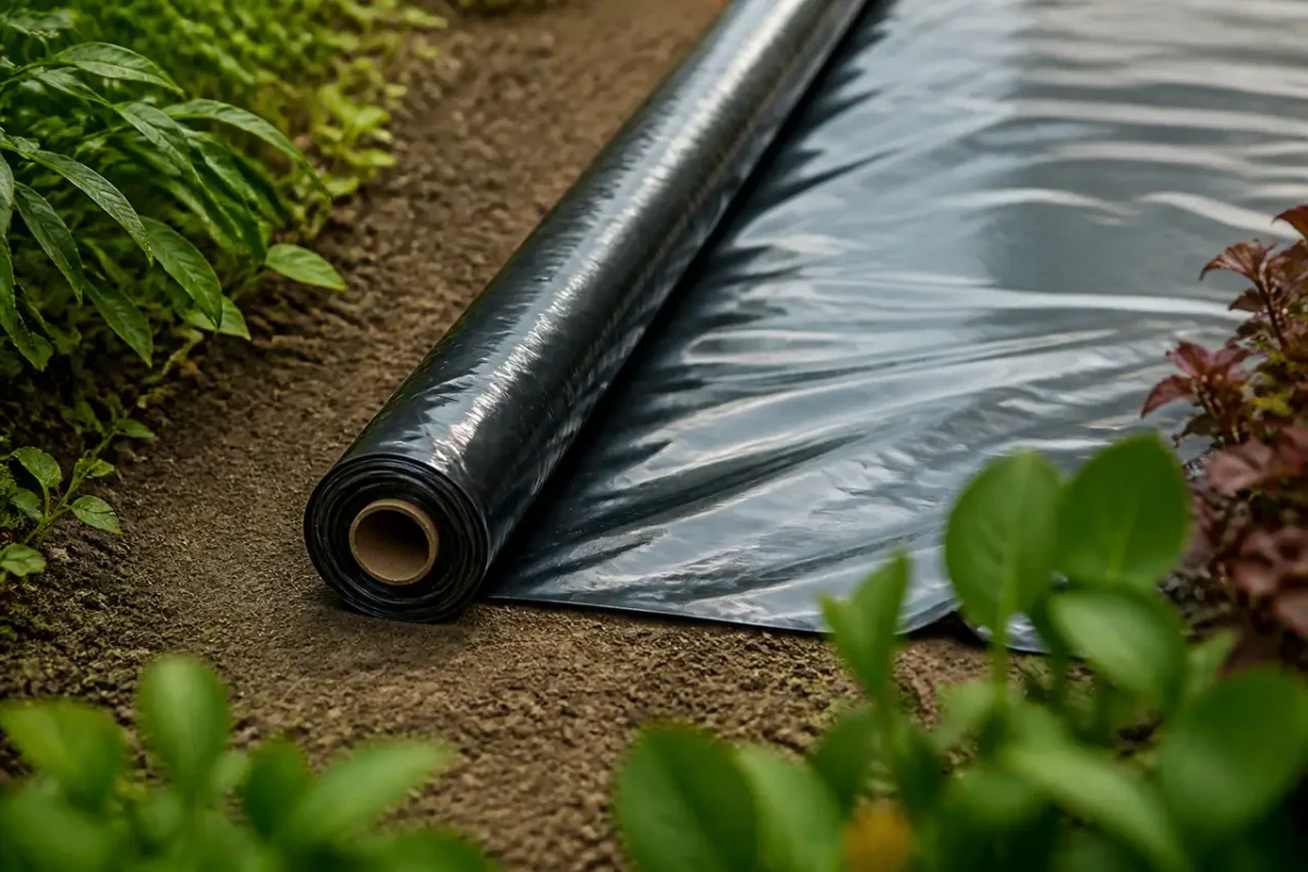Rouleau de film plastique noir sur sol de jardin