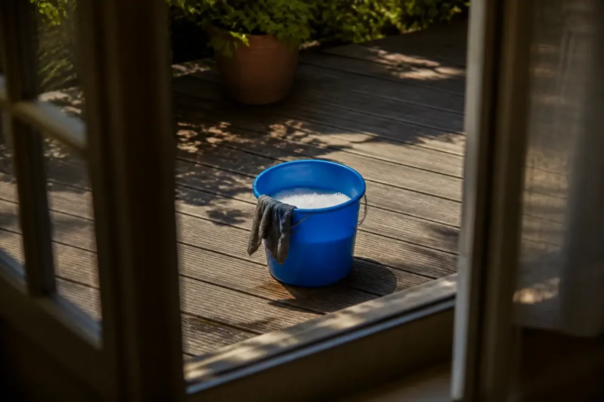Seau bleu d'eau savonneuse posé sur terrasse en bois