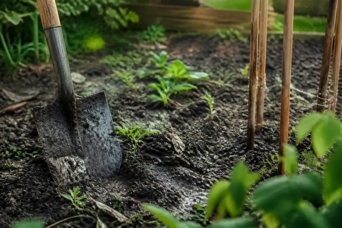 Sol humide de jardin avec pelle et piquets