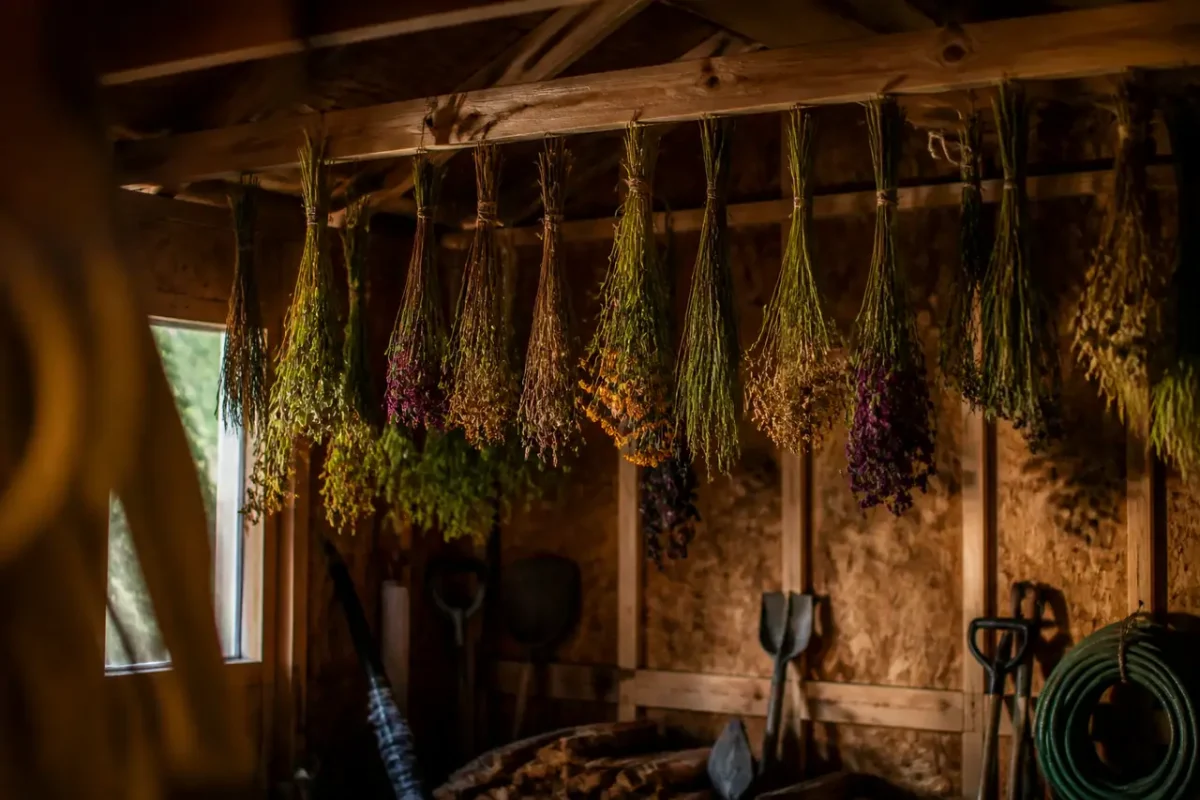 Souches de plantes suspendues tete en bas au garage