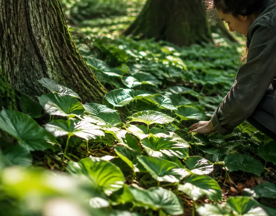 Tapis de feuilles vertes couchees au pied des troncs