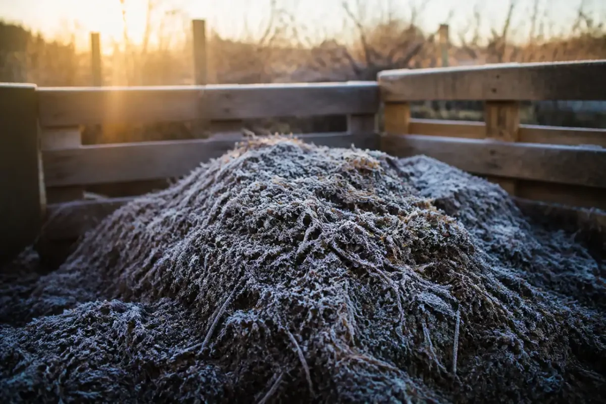Tas de compost couvert de givre