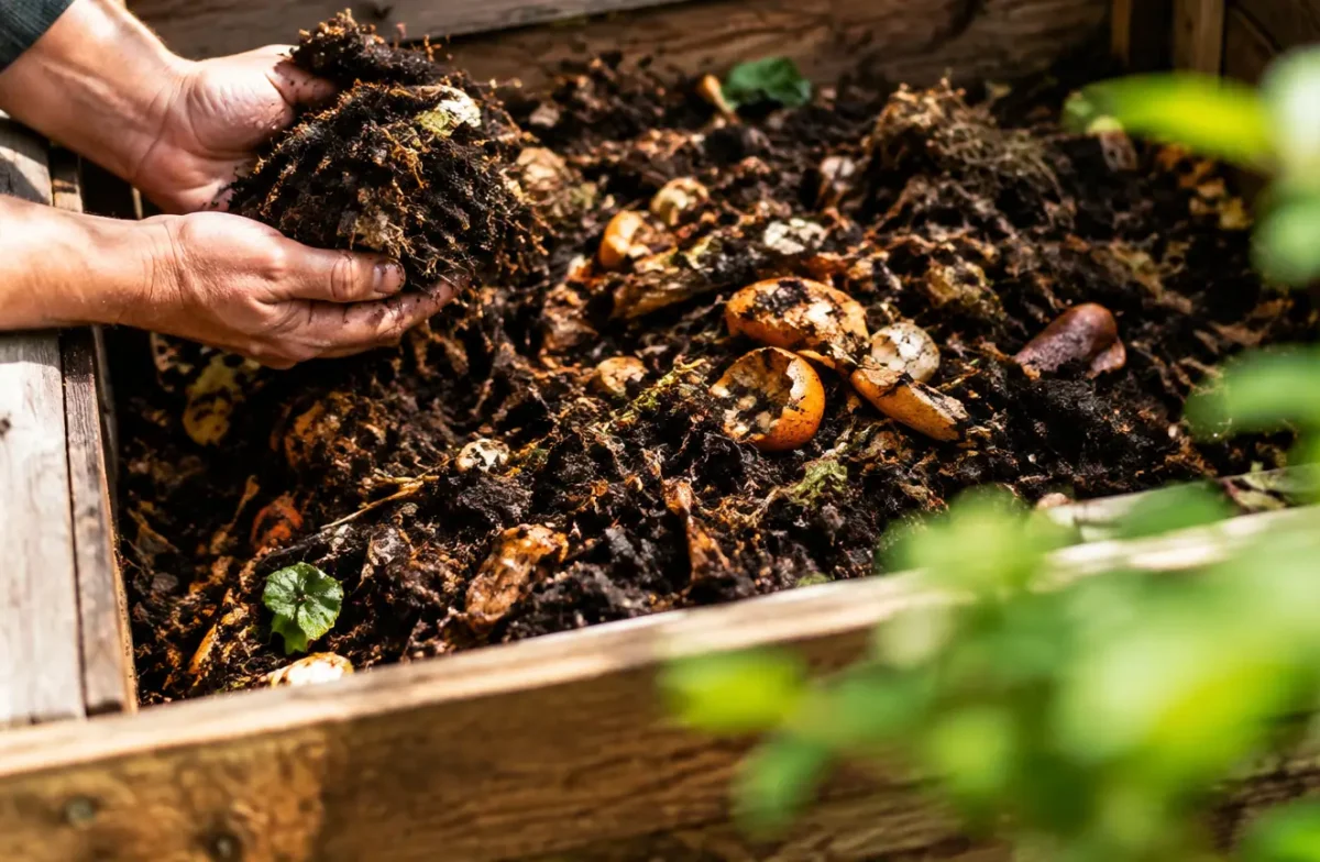 Tas de compost humide dans un bac en bois